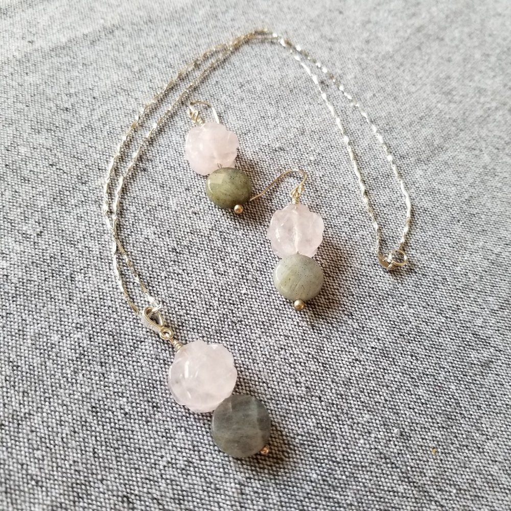 Labradorite and rose quartz sterling silver gemstone earrings and necklace